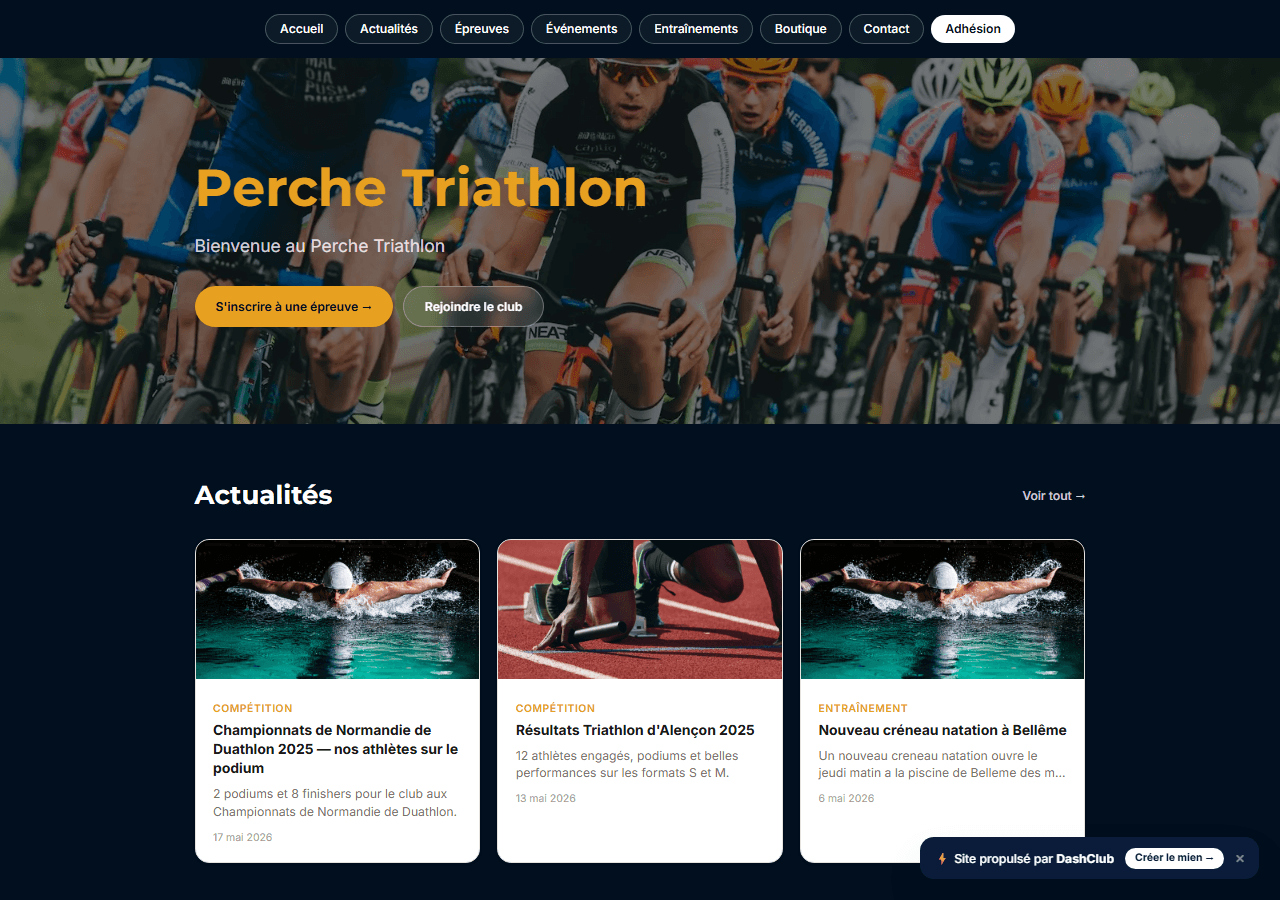 Site public du club Perche Triathlon affichant la page d'accueil avec actualités et calendrier des épreuves 2026